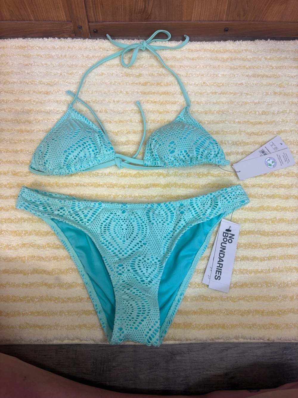 No Boundaries Aqua Crochet Triangle Bikini Set